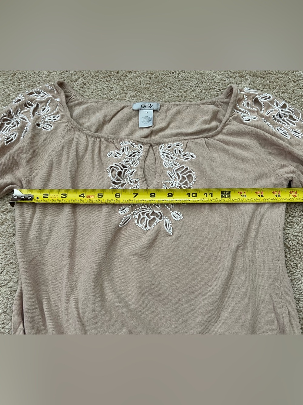 Caché Women’s XS Vintage Floral Beaded Embroidery Cutout Blouse 3/4 Sleeve Shirt - Picture 5 of 5